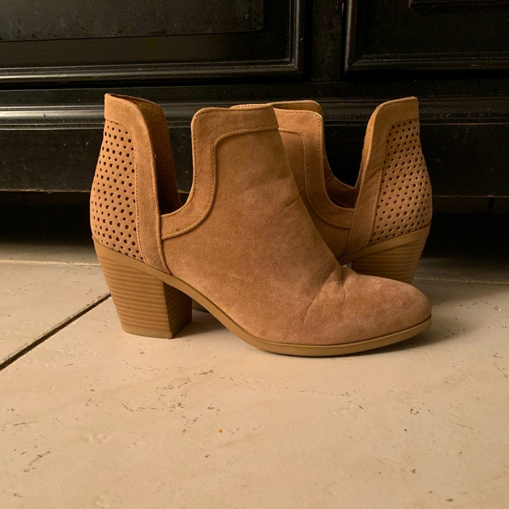 “Jenaya” faux suede cutout ankle boots